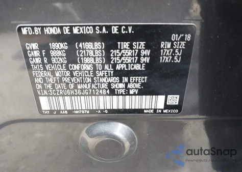 2018 Honda Hr-V Lx from USA, damaged, VIN 3CZRU6H36JG712484